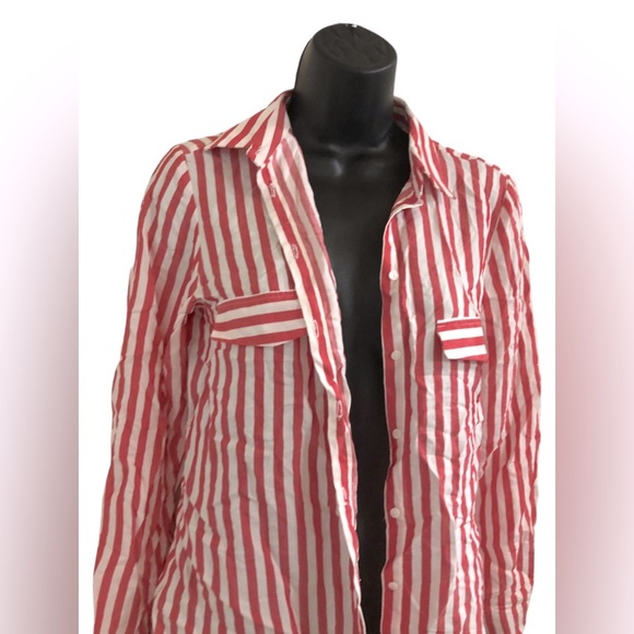 Zara red white striped button down front long sleeve blouse shirt size‎ XS new - Picture 4 of 11